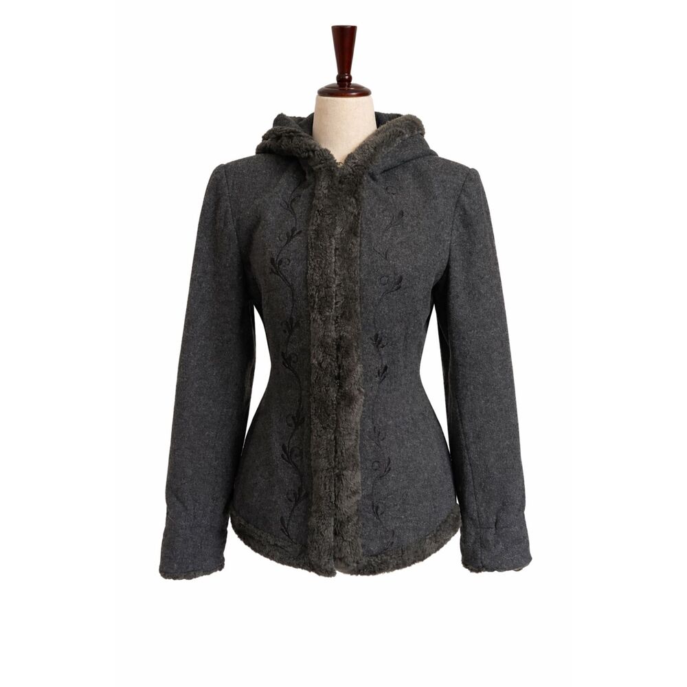 VTG Esprit Wool‎ Coat Faux Fur Trim Hooded Jacket Embroidered Dark Cottage Small